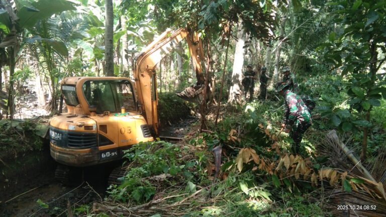 prajurit TNI dari Kodim 0818 bersama personel Satuan Angkatan Laut dan masyarakat melanjutkan pekerjaan normalisasi saluran irigasi dengan menggunakan alat berat di Dusun Lebaksari Desa Lebakharjo Kecamatan Ampelgading Kabupaten Malang